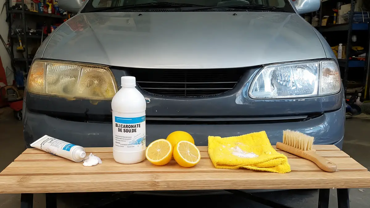 Accessoires pour astuce de grand-mère pour nettoyer les phares de voiture posés sur une table devant une voiture