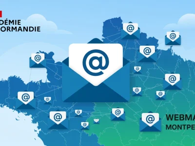 Carte de France avec enveloppes email symbolisant le webmail Normandie