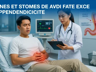 Une femme médecin examine un patient souffrant d'appendice symptôme dans une chambre hospitalière
