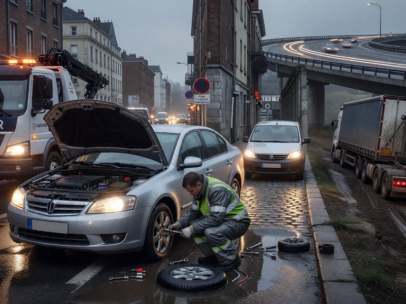 Sur une route urbaine, un mécanicien répare une voiture avec un dépanneur à proximité