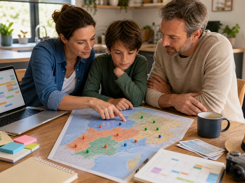 Une famille prépare le calendrier scolaire 2027 sur une carte de France.