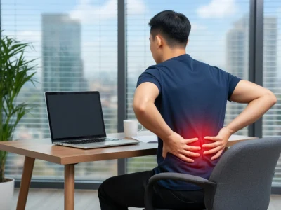 Un homme assis à son bureau se tient le bas du dos en raison d'une contraction musculaire du dos