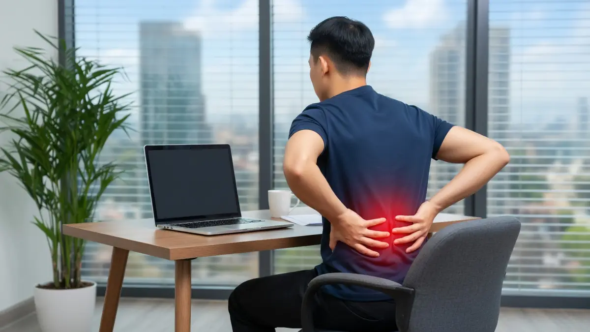Un homme assis à son bureau se tient le bas du dos en raison d'une contraction musculaire du dos