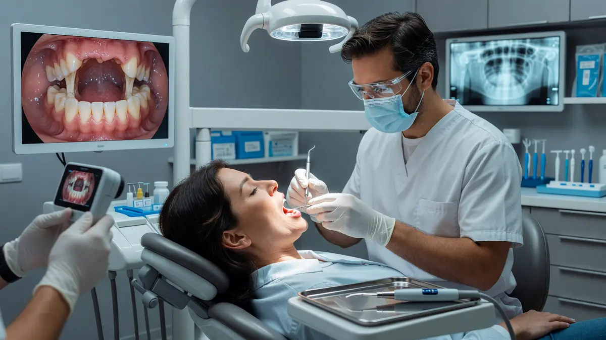 Un dentiste effectue parodontite traitements sur une patiente dans un cabinet dentaire