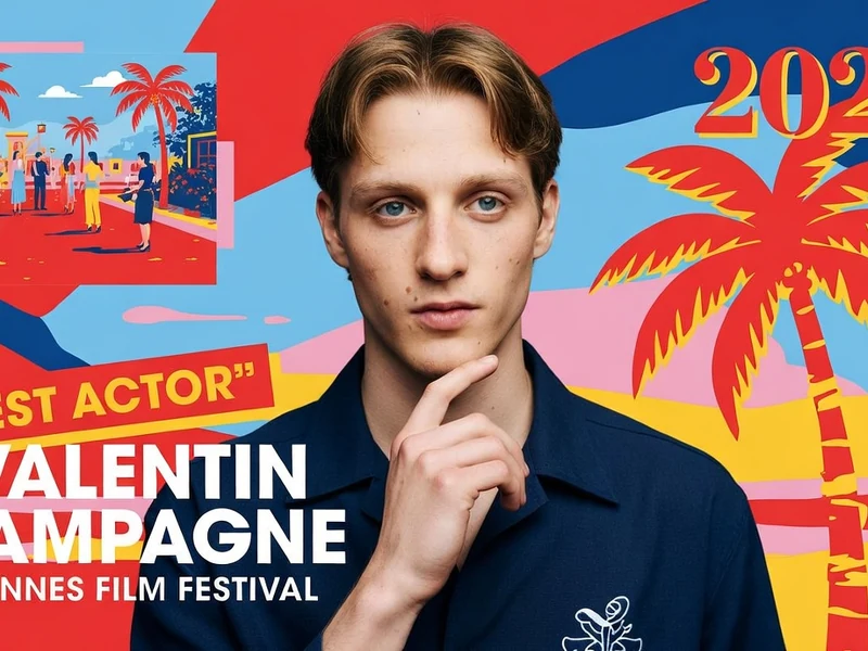 Valentin Campagne pose la main sur le menton devant un fond coloré aux palmiers