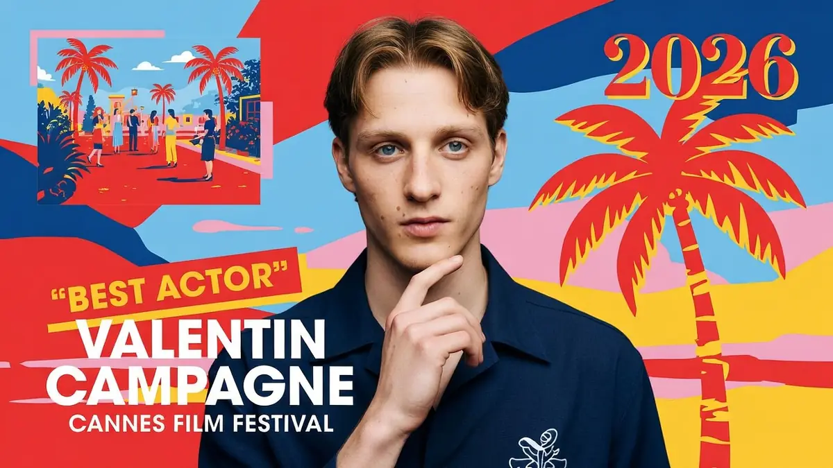 Valentin Campagne pose la main sur le menton devant un fond coloré aux palmiers