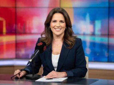 Valérie Bénaïm est souriante assise à un bureau dans un studio de télévision
