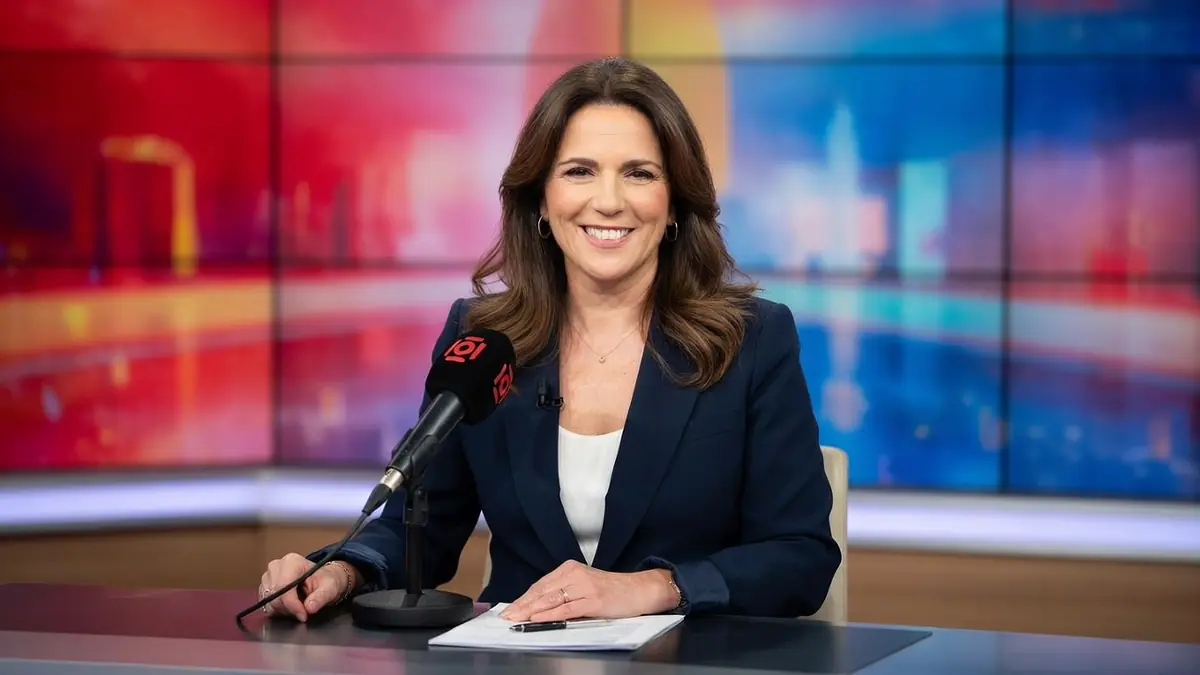 Valérie Bénaïm est souriante assise à un bureau dans un studio de télévision
