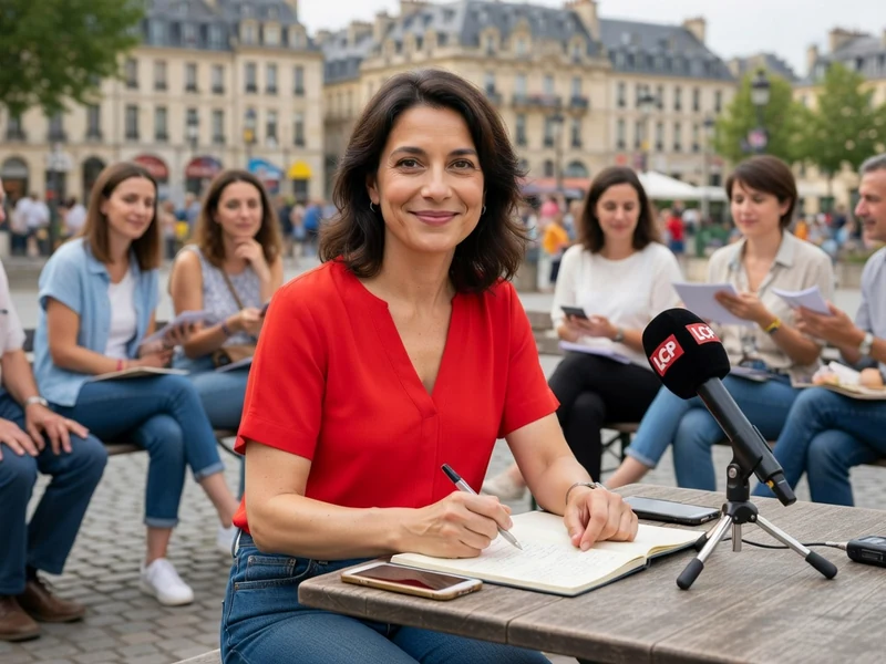 Valérie Brochard écrit dans son carnet lors d'une rencontre en extérieur avec des citoyens