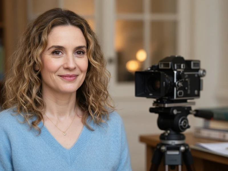 Valérie Decobert sourit à côté d'un appareil photo vintage installé sur un trépied