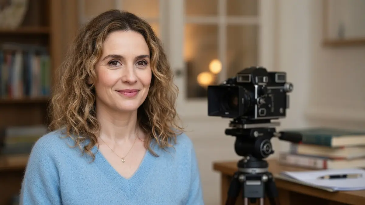 Valérie Decobert sourit à côté d'un appareil photo vintage installé sur un trépied
