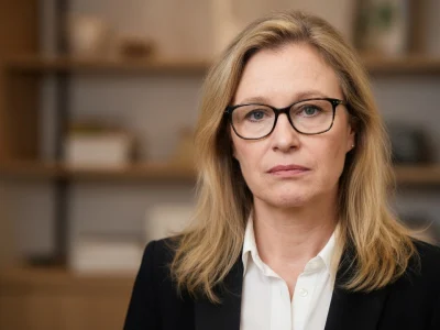 Valérie Pascale apparaît en portrait professionnel avec lunettes et veste noire