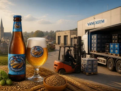 Un chariot élévateur charge des caisses de bière devant l'entrepôt de Vanuxeem avec un village en arrière-plan