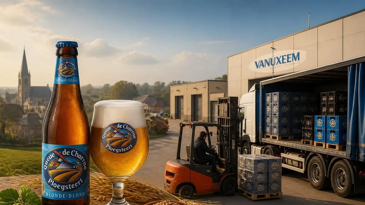 Un chariot élévateur charge des caisses de bière devant l'entrepôt de Vanuxeem avec un village en arrière-plan