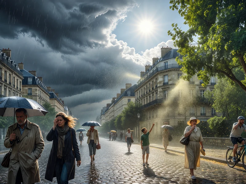 Vue d'une rue animée avec passants et parapluies sous la météo à Nanterre contrastée