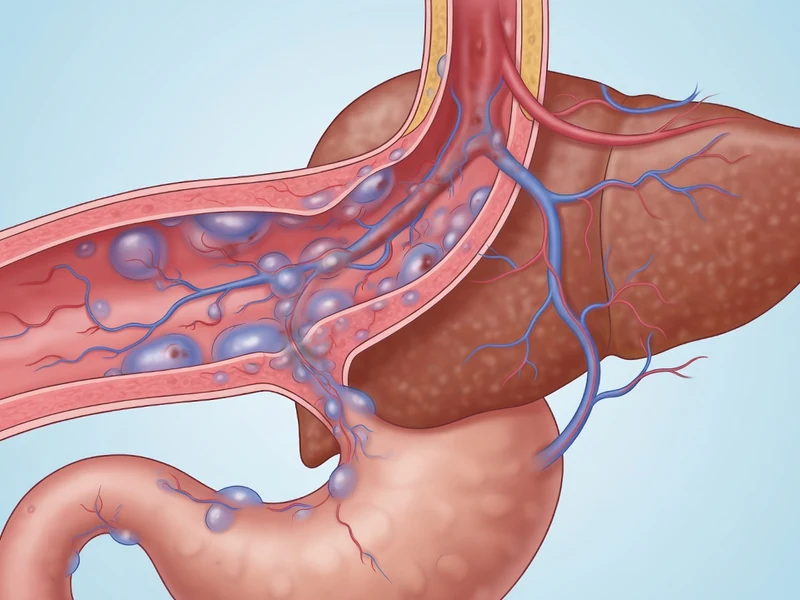 Illustration anatomique d'une varice oesophagienne montrant des veines dilatées dans l'œsophage près du foie