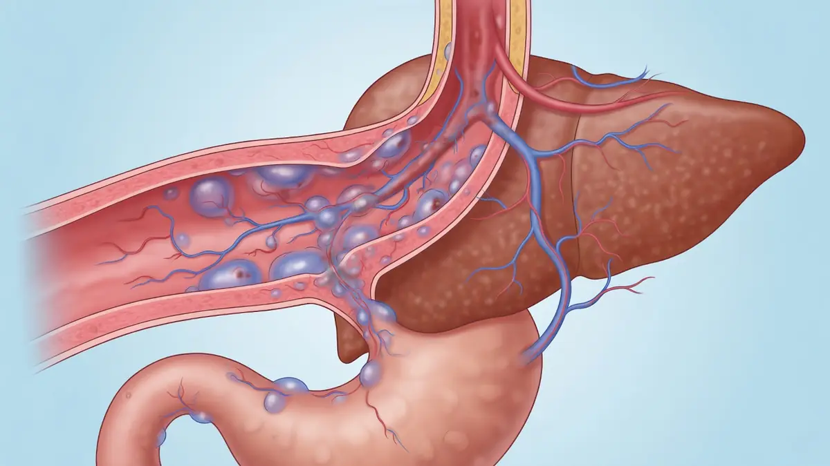 Illustration anatomique d'une varice oesophagienne montrant des veines dilatées dans l'œsophage près du foie