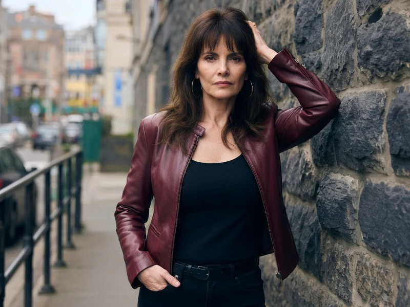 Véronique Boulanger la main dans les cheveux adossée à un mur de pierre en ville