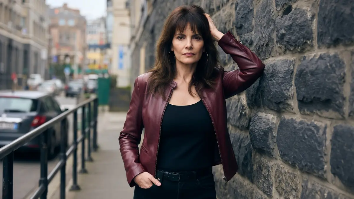 Véronique Boulanger la main dans les cheveux adossée à un mur de pierre en ville