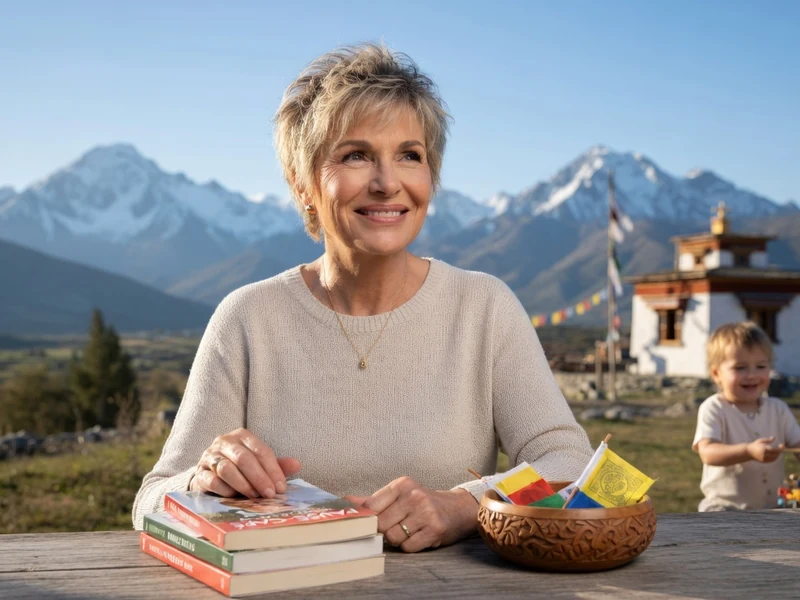 Véronique Jannot sourit à une table en plein air devant des montagnes avec un enfant