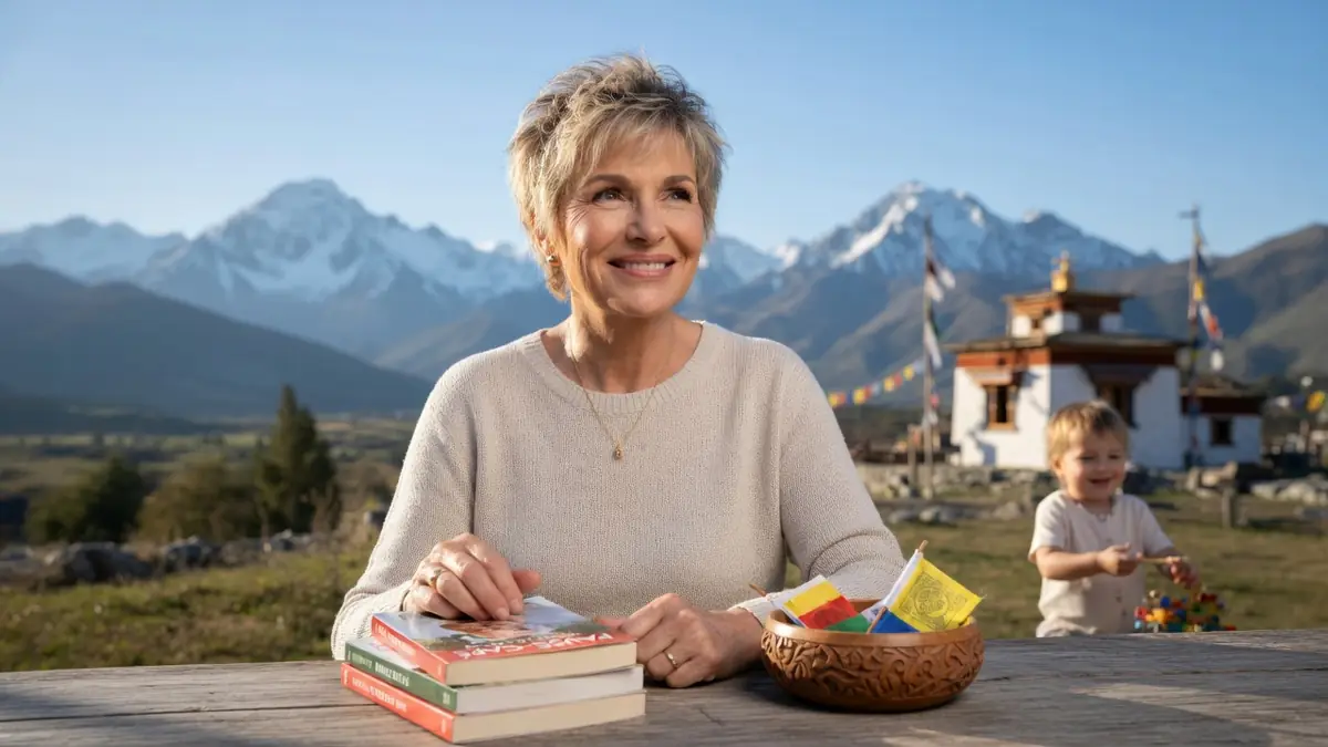 Véronique Jannot sourit à une table en plein air devant des montagnes avec un enfant