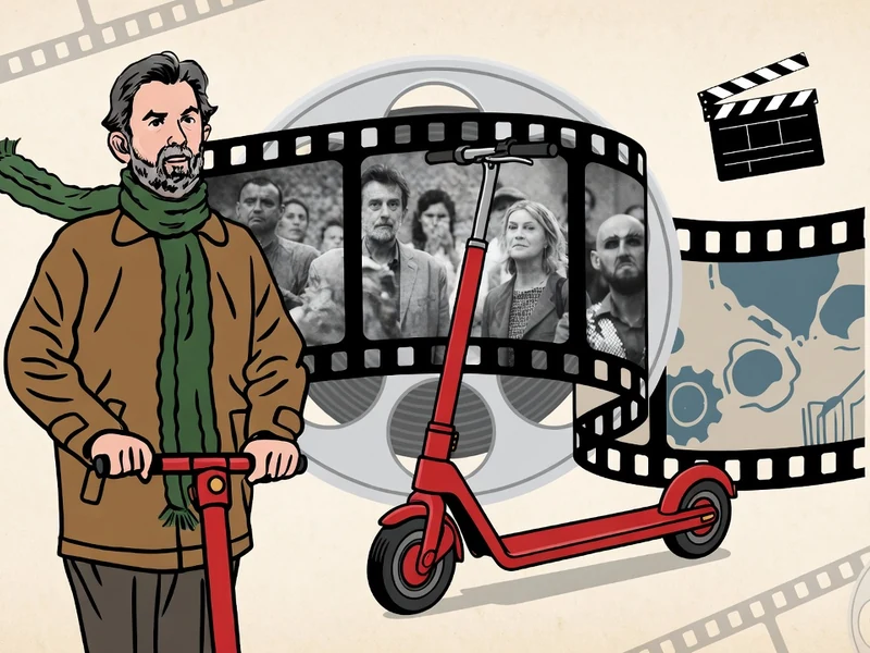 Illustration d'un homme à trottinette entouré d'éléments cinématographiques, évoquant le film vers un avenir radieux