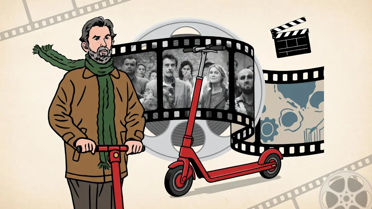 Illustration d'un homme à trottinette entouré d'éléments cinématographiques, évoquant le film vers un avenir radieux