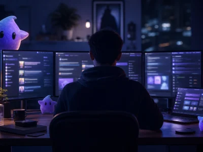 Bureau nocturne évoquant Veryleaks sur plusieurs écrans bleutés.