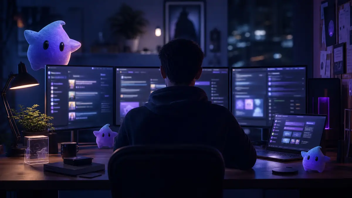 Bureau nocturne évoquant Veryleaks sur plusieurs écrans bleutés.