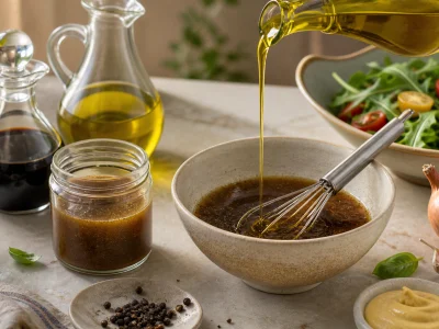 Une vinaigrette balsamique maison onctueuse préparée avec de l’huile d’olive.