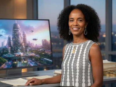 Portrait de la productrice Virginie Besson-Silla souriante devant un écran affichant une ville futuriste