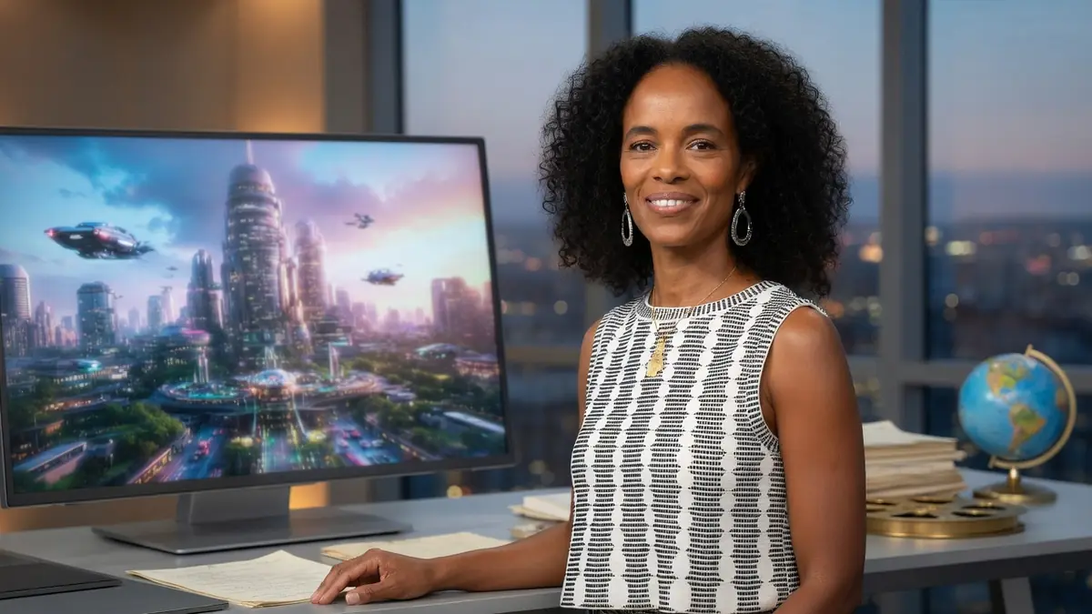 Portrait de la productrice Virginie Besson-Silla souriante devant un écran affichant une ville futuriste
