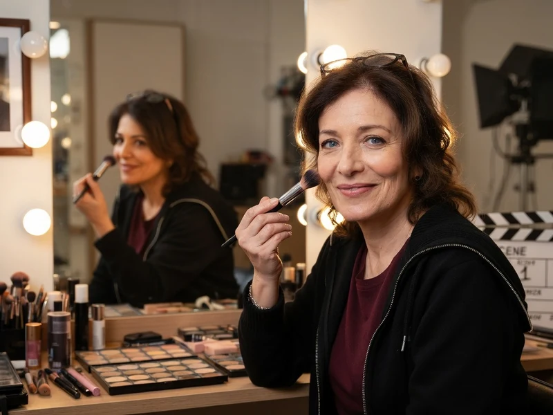 Virginie Darmon se maquille devant un miroir de loge avec des lumières de studio en arrière-plan
