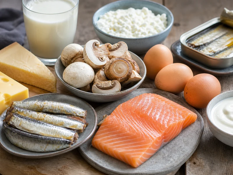 Des aliments riches en vitamine D comme le saumon, les oeufs et les champignons.