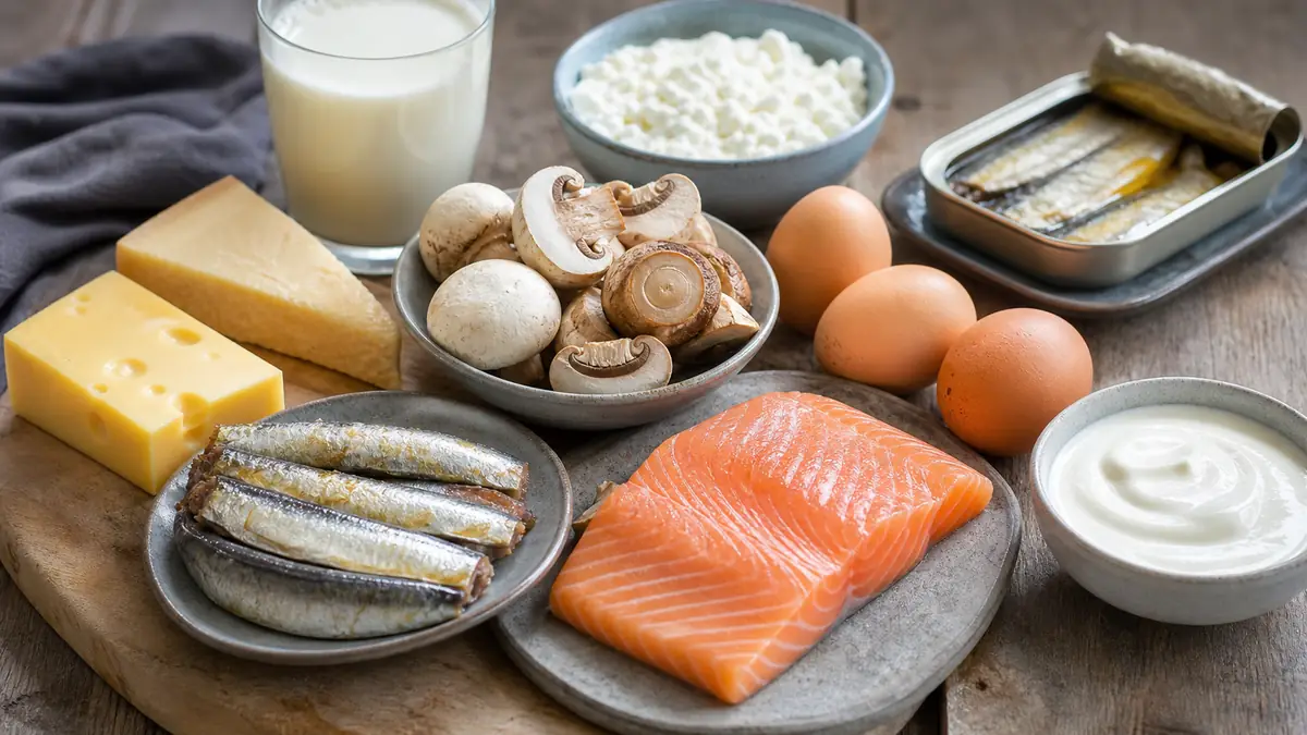 Des aliments riches en vitamine D comme le saumon, les oeufs et les champignons.
