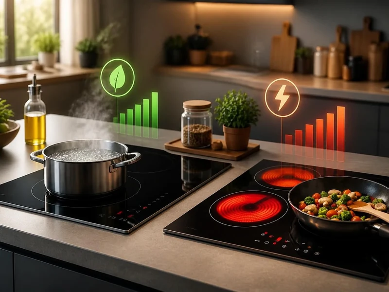 Comparaison visuelle entre une table de cuisson vitrocéramique induction dans une cuisine moderne