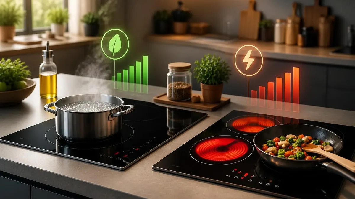 Comparaison visuelle entre une table de cuisson vitrocéramique induction dans une cuisine moderne