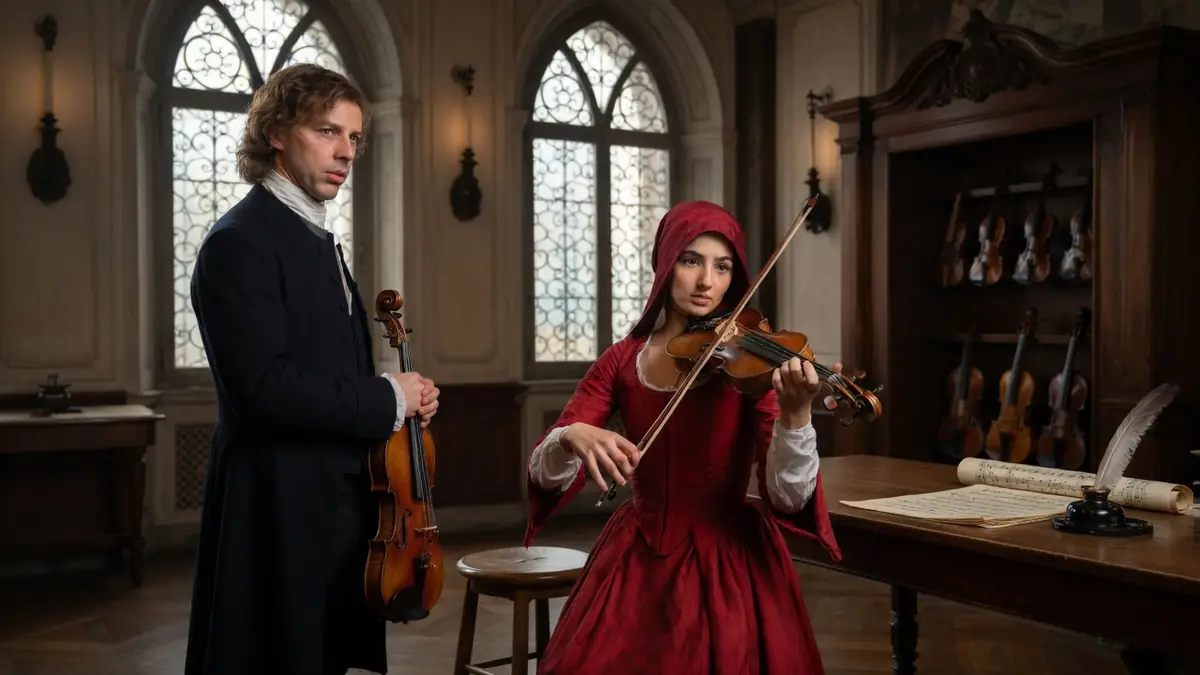 Une jeune femme en robe rouge joue du violon sous le regard attentif d'un homme, évoquant Vivaldi et moi
