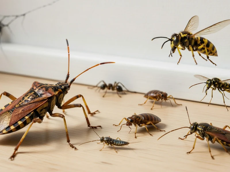 Plusieurs insectes dans la maison sont posés sur le sol en bois près d'une plinthe