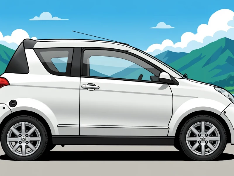 Une illustration de profil montrant une voiture sans permis 4 places garée devant un paysage de montagnes