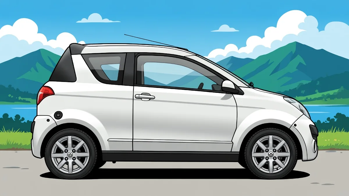 Une illustration de profil montrant une voiture sans permis 4 places garée devant un paysage de montagnes