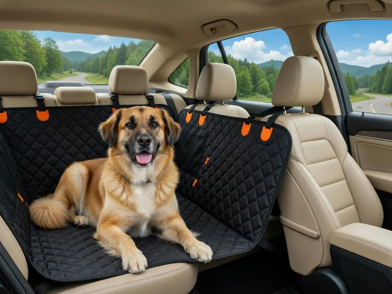 Un chien protection voiture est allongé sur la banquette arrière d'une voiture