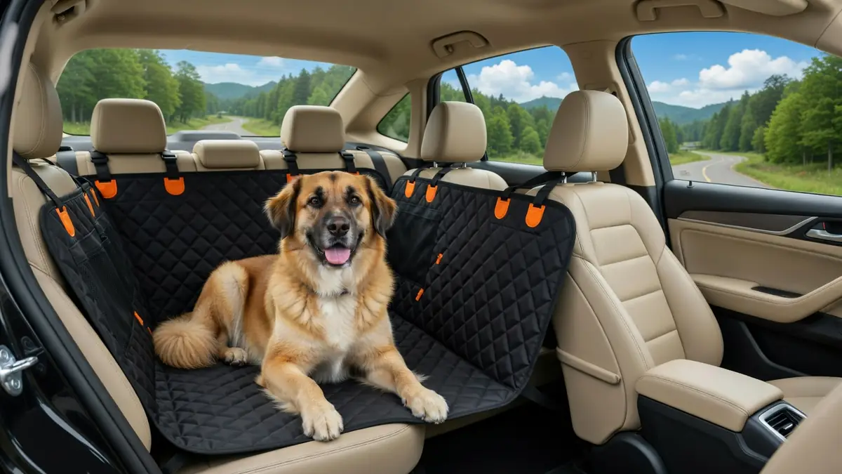 Un chien protection voiture est allongé sur la banquette arrière d'une voiture