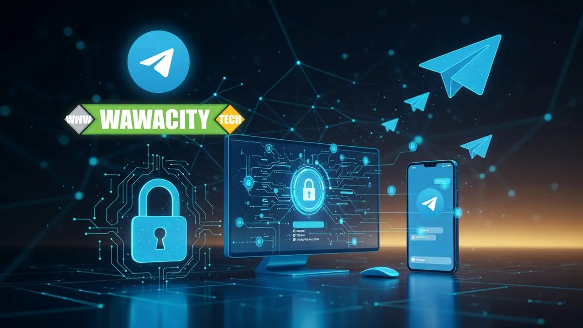 Des écrans d'ordinateur et de smartphone illustrent la sécurité numérique autour de Wawacity Telegram