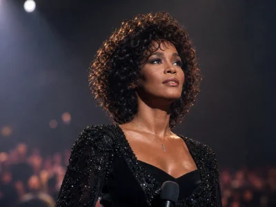 Whitney Elizabeth Houston sur scène, éclairée par les projecteurs devant un public flou.