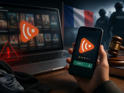 Une main tient un smartphone affichant Wiflix devant un ordinateur, un drapeau français et des policiers en arrière-plan