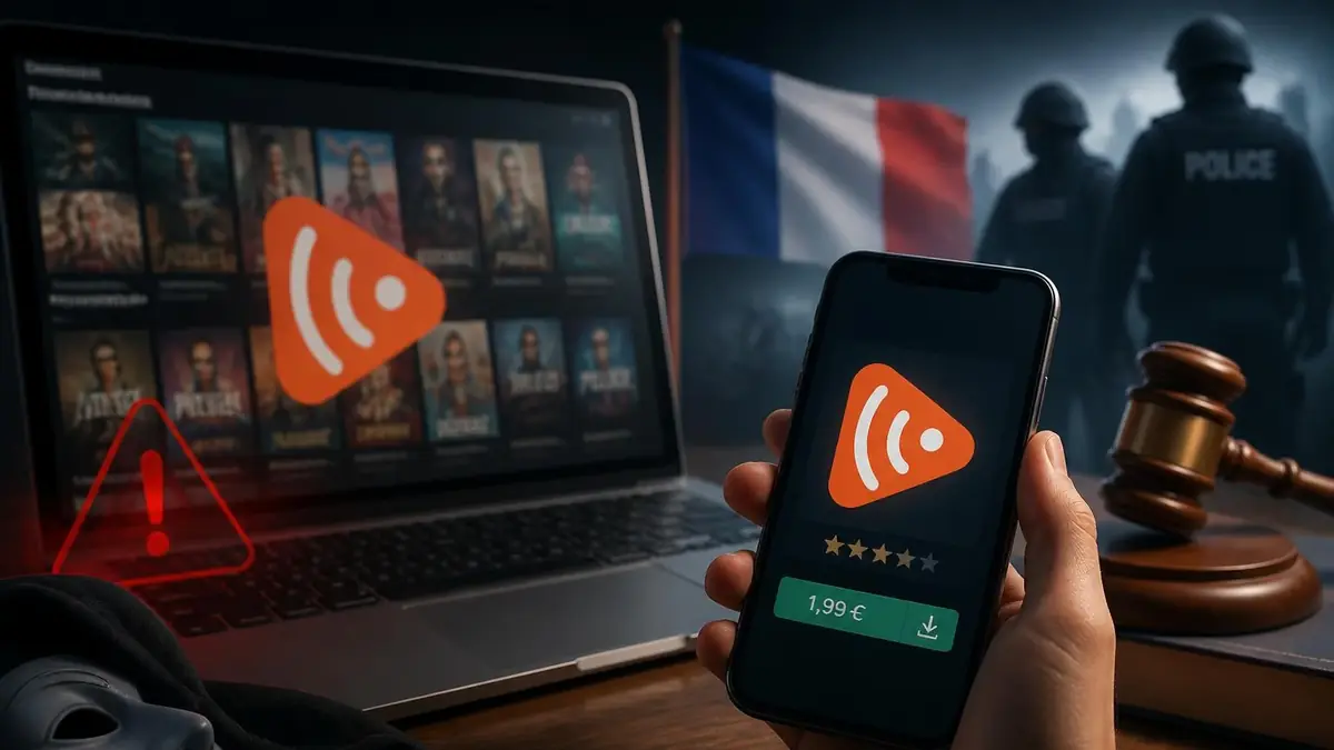 Une main tient un smartphone affichant Wiflix devant un ordinateur, un drapeau français et des policiers en arrière-plan