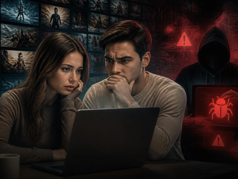 Un couple inquiet devant un ordinateur utilise Xalaflix tandis qu'un pirate informatique rôde en arrière-plan