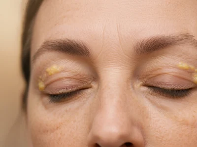Gros plan sur des paupières présentant des signes de xanthelasma sous forme de dépôts jaunâtres