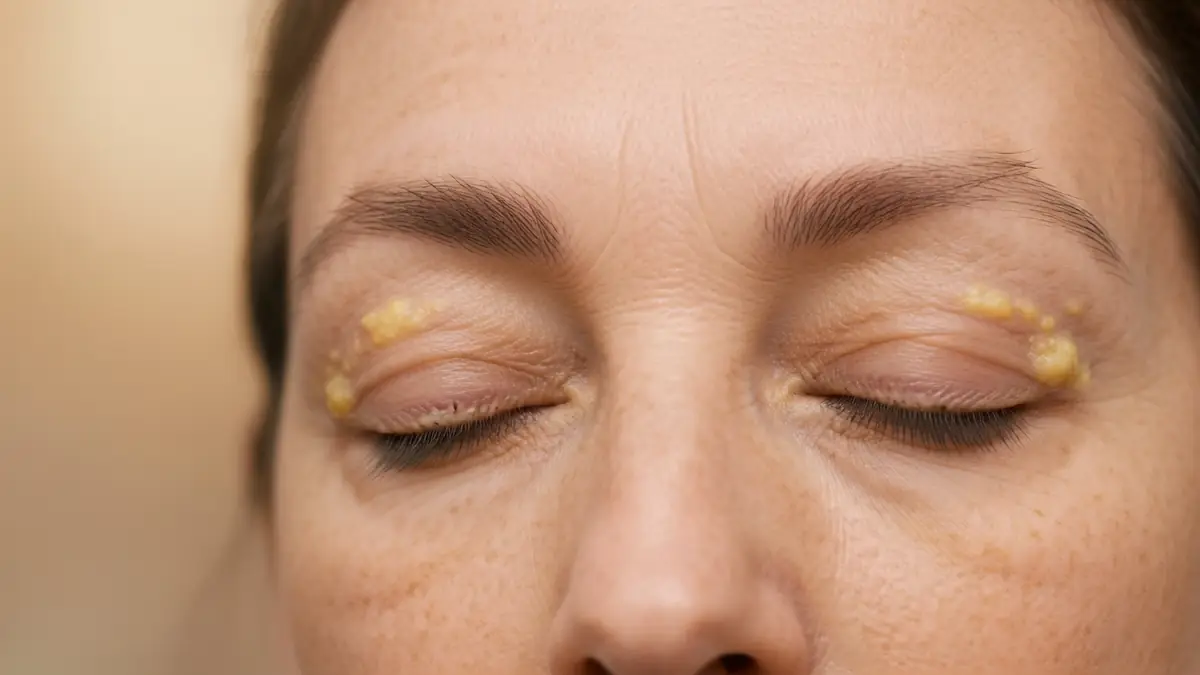 Gros plan sur des paupières présentant des signes de xanthelasma sous forme de dépôts jaunâtres